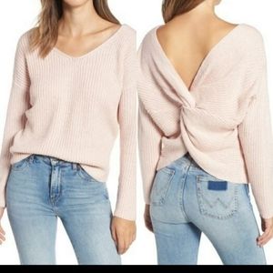 ASTR Chunky Knit Twist Back Cropped Sweater Pink